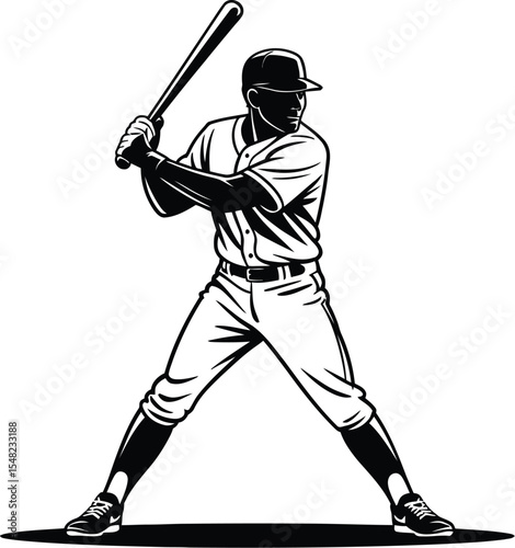 A monochrome illustration of a baseball player in batting stance holding a bat on a white background