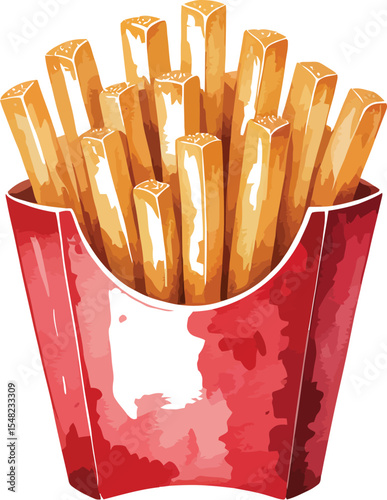 Watercolor style illustration of french fries in a red paper container against a white background
