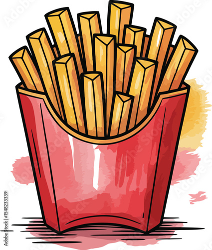 A cartoon illustration of french fries in a red container with watercolor splashes on a white background