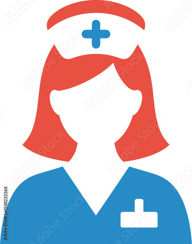 Illustration of a nurse with red hair wearing a blue uniform and a white cap with a blue cross on it
