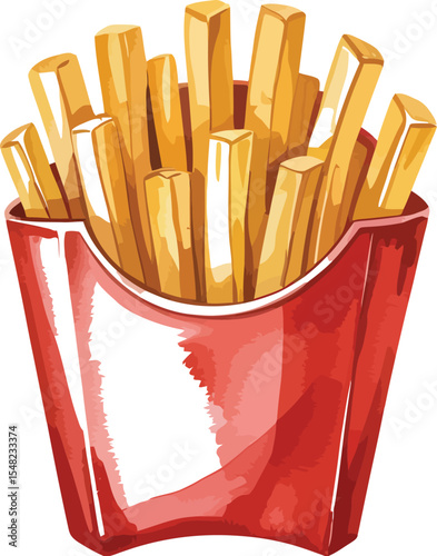 Illustration of golden french fries in a red container on a white background simple and watercolor style