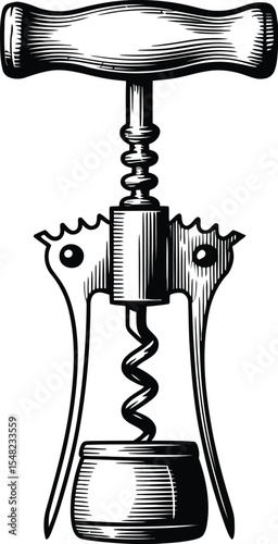 A detailed engraving of a wing corkscrew with a wooden handle on a white background in black and white