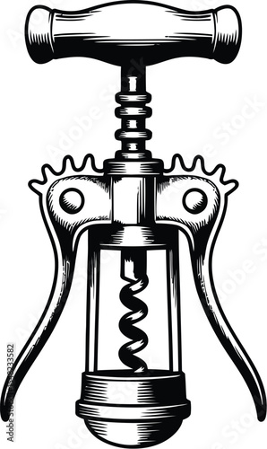 A detailed black and white drawing of a vintage wing corkscrew on a clean white background surface