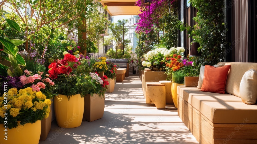 Naklejka premium Vibrant Flower-Laden Balcony Perfect For Zoom Background