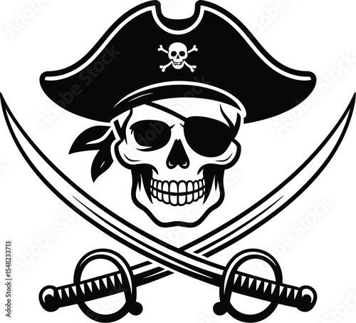 A black and white illustration of a pirate skull with crossed swords and a pirate hat on a white background