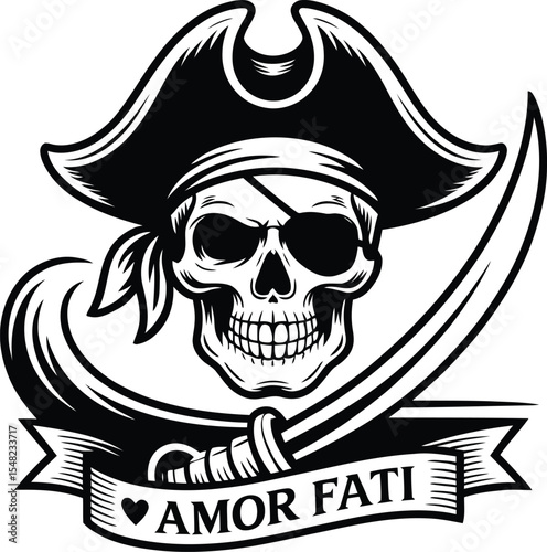 A black and white illustration of a pirate skull wearing a hat and holding a sword design graphic art