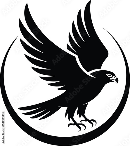 A stylized black eagle with wings spread within a circular frame on a light gray background design logo