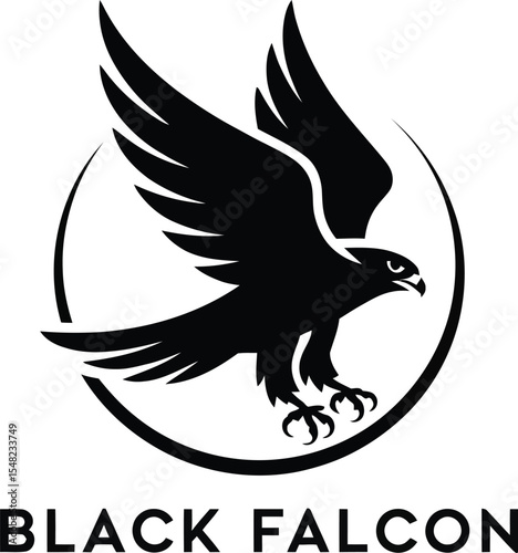A black falcon logo featuring a stylized bird of prey in flight within a circular border design element