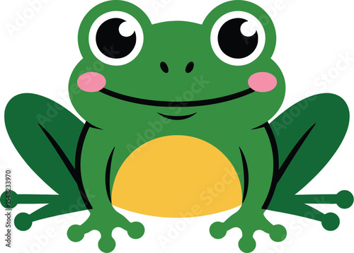 A cartoon illustration of a green frog with pink cheeks and a yellow belly on a white background