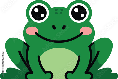 A cartoon frog with big eyes and pink cheeks sitting on a white background in a simple illustration