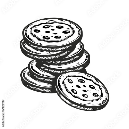 Hand-Drawn Engraving of Shortbread Cookie Stack for Bakery Blogs, Vintage Recipe Websites, Culinary Art, and Food Illustration Content  