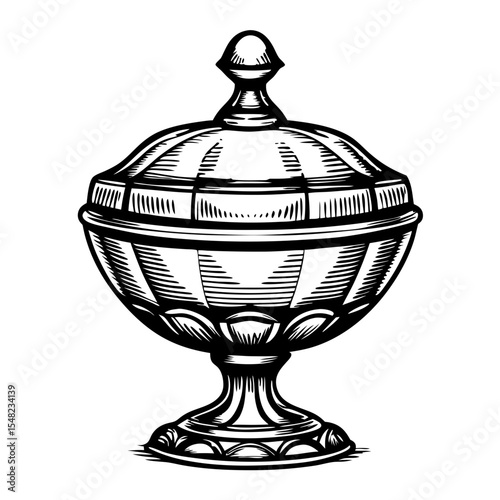 Hand-Drawn Engraved Candy Jar with Lid Illustrating Vintage Charm for Blogs, Design Websites, Home Decor Projects, and Artistic Use  