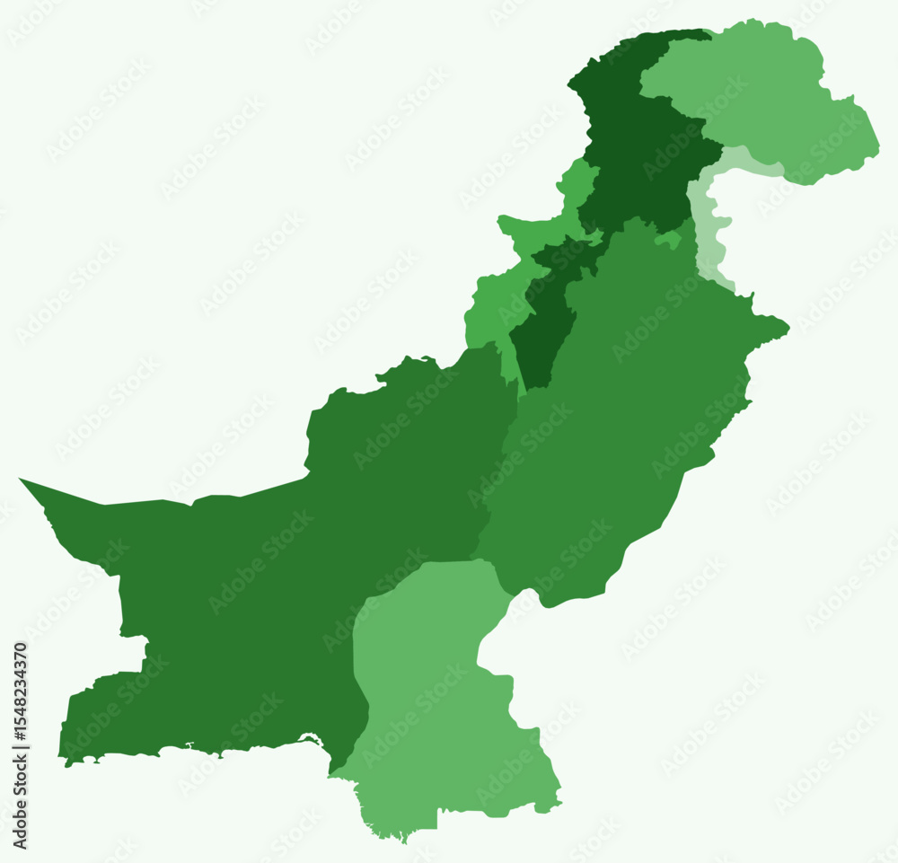 Obraz premium Map of Pakistan with regions. Just a simple country border map with region division. Green color palette. Blank Islamic Republic of Pakistan shape with administrative division. Vector illustration.