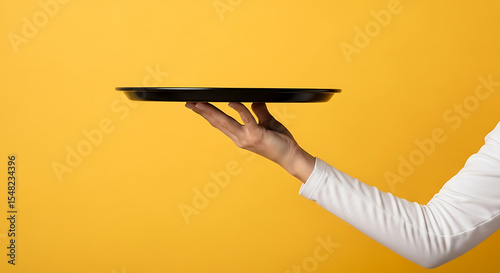 Hand holding black serving tray against yellow background  