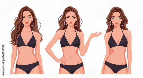 Adobe illustrator artwork vector illustration: set of stylish pin-up style women in bikinis showcasing different poses against a white background