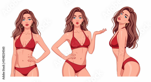 Adobe illustrator artwork vector illustration: set of stylish pin-up style women in bikinis showcasing different poses against a white background