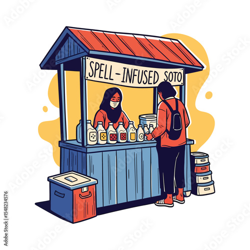 Illustrated Spell-Infused Soto Food Stall with Two People.