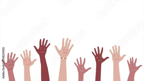 Hands with funny faces on their palms rise up from the edge of the screen. Animated screensaver of gender equality or celebration
