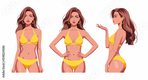 Adobe illustrator artwork vector illustration: set of stylish pin-up style women in bikinis showcasing different poses against a white background