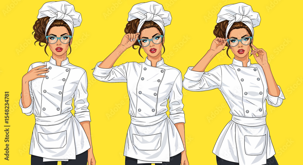 Fototapeta premium Adobe illustrator artwork vector illustration: Pop art pin-up style illustration featuring set of charming female chefs in white uniforms, hats, and glasses against a vibrant yellow background