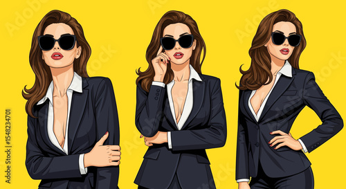 Adobe illustrator artwork vector illustration: Pop art pin-up style illustration featuring set of elegant businesswomen or secretary in short black dresses and glasses against a vibrant background