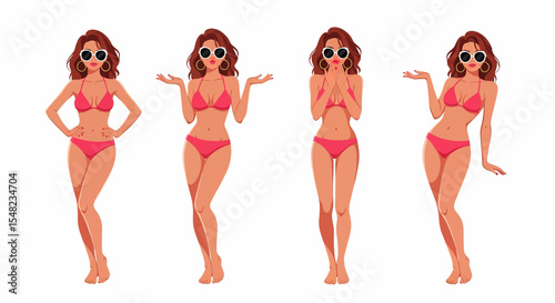 Adobe illustrator artwork vector illustration: set of stylish pin-up style women in bikinis showcasing different poses against a white background
