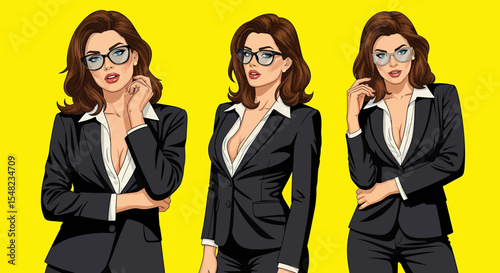 Adobe illustrator artwork vector illustration: Pop art pin-up style illustration featuring set of elegant businesswomen or secretary in short black dresses and glasses against a vibrant background