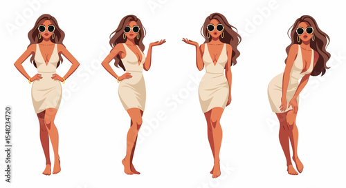Adobe illustrator artwork vector illustration: Set of stylish pin-up style women with sunglasses in elegant off white dresses, showcasing different poses against a white background
