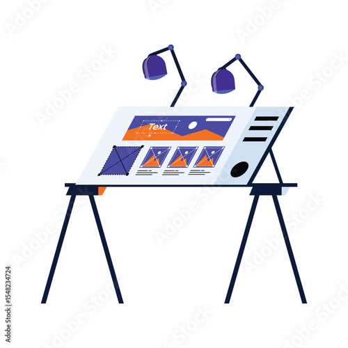 Modern Design Desk with Drafting Interface – Flat Vector Illustration for UI/UX and Creative Workspace Concepts