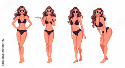 Adobe illustrator artwork vector illustration: set of stylish pin-up style women in bikinis showcasing different poses against a white background