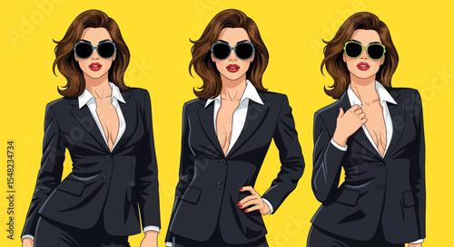Adobe illustrator artwork vector illustration: Pop art pin-up style illustration featuring set of elegant businesswomen or secretary in short black dresses and glasses against a vibrant background