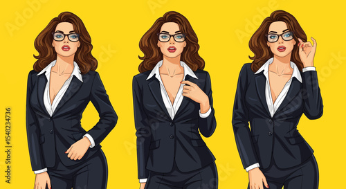 Adobe illustrator artwork vector illustration: Pop art pin-up style illustration featuring set of elegant businesswomen or secretary in short black dresses and glasses against a vibrant background