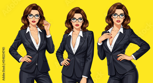 Adobe illustrator artwork vector illustration: Pop art pin-up style illustration featuring set of elegant businesswomen or secretary in short black dresses and glasses against a vibrant background