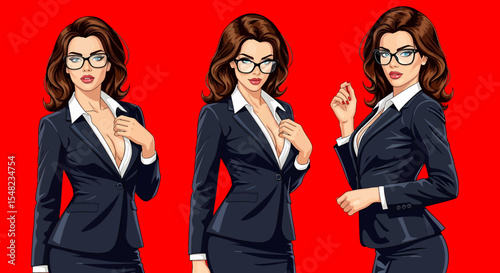 Adobe illustrator artwork vector illustration: Pop art pin-up style illustration featuring set of elegant businesswomen or secretary in short black dresses and glasses against a vibrant background
