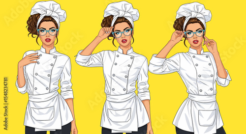 Adobe illustrator artwork vector illustration: Pop art pin-up style illustration featuring set of charming female chefs in white uniforms, hats, and glasses against a vibrant yellow background