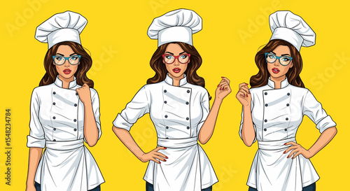 Adobe illustrator artwork vector illustration: Pop art pin-up style illustration featuring set of charming female chefs in white uniforms, hats, and glasses against a vibrant yellow background