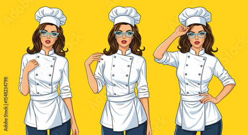 Adobe illustrator artwork vector illustration: Pop art pin-up style illustration featuring set of charming female chefs in white uniforms, hats, and glasses against a vibrant yellow background