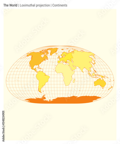 World Map. Loximuthal projection. Continents style. High Detail World map for infographics, education, reports, presentations. Vector illustration.