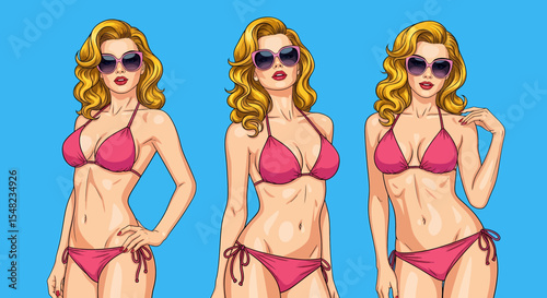 Adobe illustrator artwork vector illustration: Pop art pin-up style illustration featuring set of glamorous women with swimwear bikinis against a vibrant background