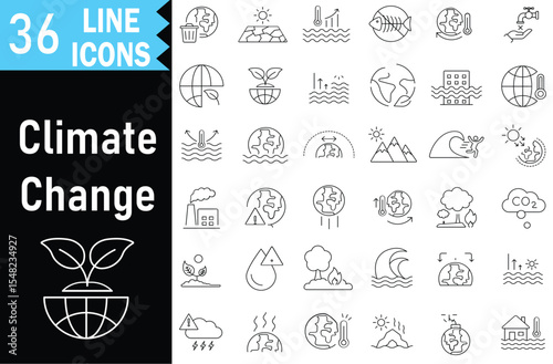 Climate Change Outline icons pack. global warming, world, greenhouse, drought, warning, no water, greenhouse, melting ice, earth pollution, disaster and more.Vector and illustration