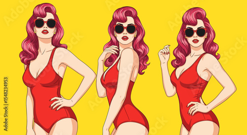 Adobe illustrator artwork vector illustration: Pop art pin-up style illustration featuring set of glamorous women with swimwear bikinis against a vibrant background