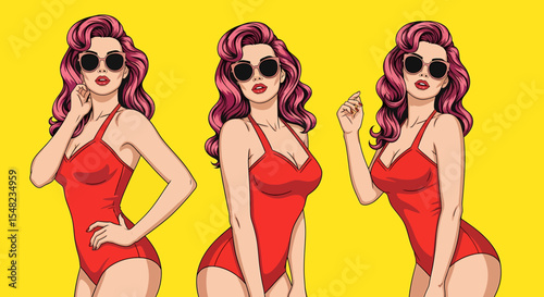 Adobe illustrator artwork vector illustration: Pop art pin-up style illustration featuring set of glamorous women with swimwear bikinis against a vibrant background