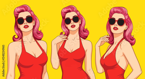 Adobe illustrator artwork vector illustration: Pop art pin-up style illustration featuring set of glamorous women with swimwear bikinis against a vibrant background