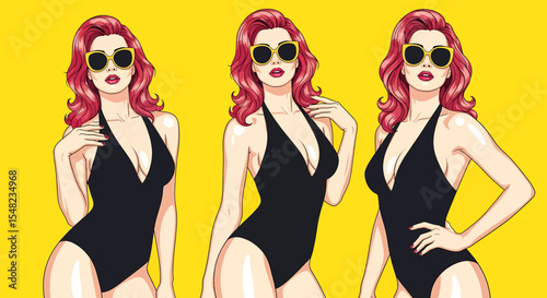 Adobe illustrator artwork vector illustration: Pop art pin-up style illustration featuring set of glamorous women with swimwear bikinis against a vibrant background