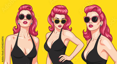 Adobe illustrator artwork vector illustration: Pop art pin-up style illustration featuring set of glamorous women with swimwear bikinis against a vibrant background