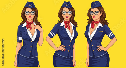 Adobe illustrator artwork vector illustration: Pop art pin-up style illustration featuring set of confident air stewardesses against a vibrant yellow backdrop