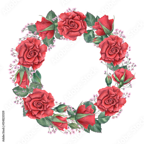 Red roses, pink gypsophila and green leaves watercolor wreath. Watercolor illustration isolated background. Round frame with empty space for text. For wedding invitation, love cards, feminine branding