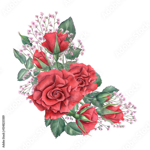 Red roses and pink gypsophila with lush green leaves watercolor illustration isolated on white background. Flower with foliage for wedding invitations, floral packaging, and feminine home decor.