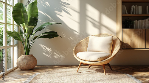 Wicker chair by window, plant, bookshelf, sunny room