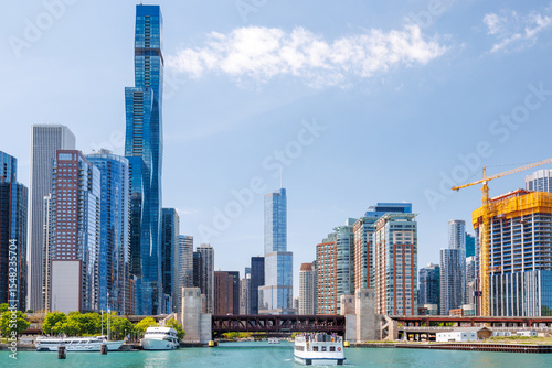 Vibrant sunny view of Chicago downtown skyline under a blue sky